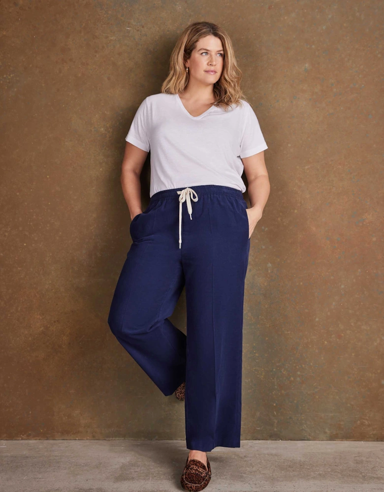 Navy Drawstring Wide Leg Corduroy Trousers