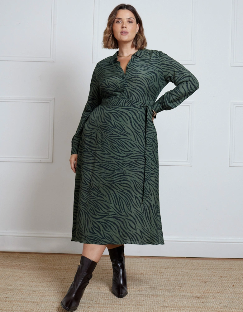 Khaki Animal Print Print Button Through Shirt Dress
