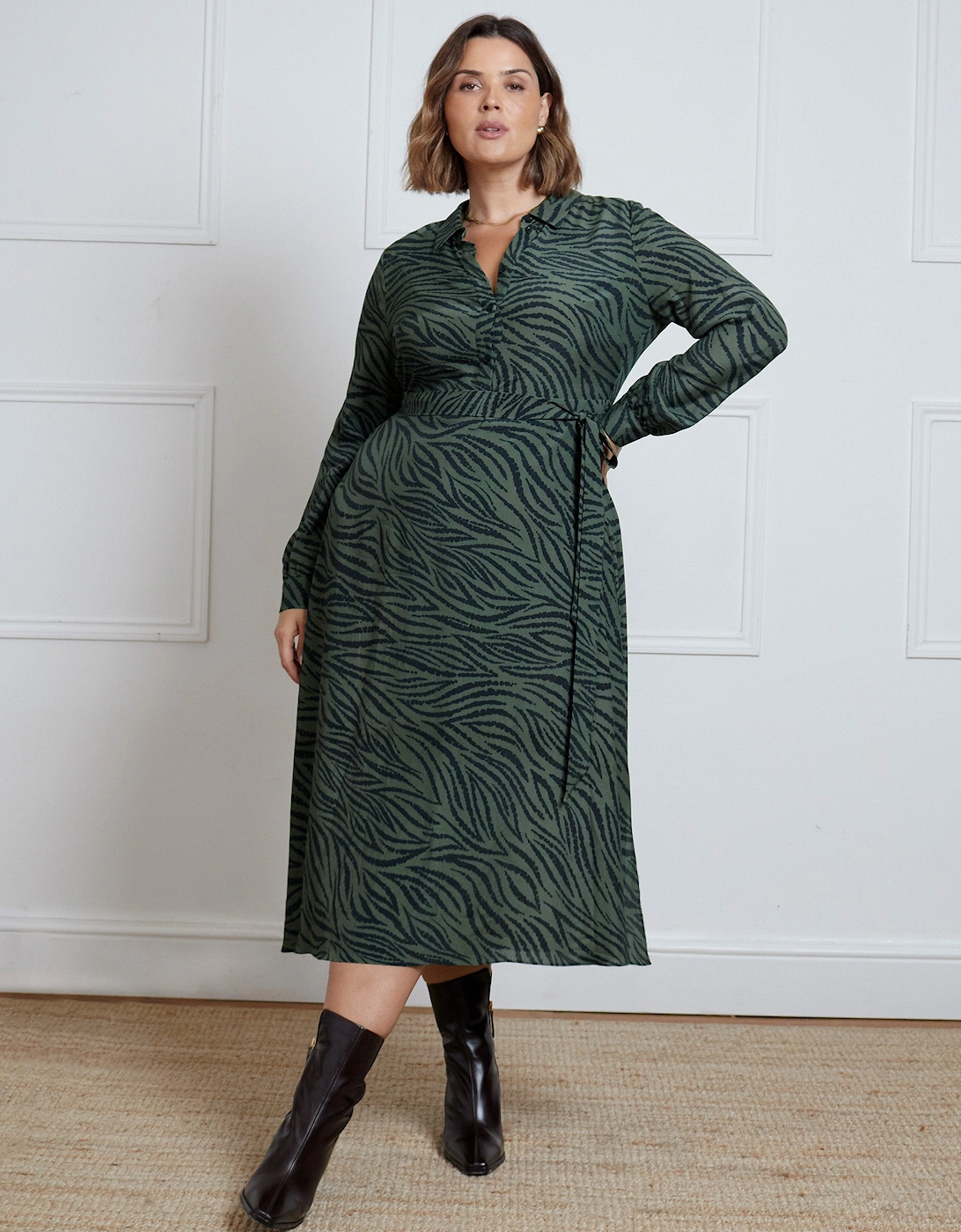Khaki Animal Print Print Button Through Shirt Dress