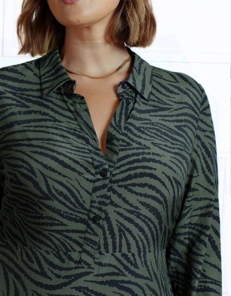 Khaki Animal Print Print Button Through Shirt Dress