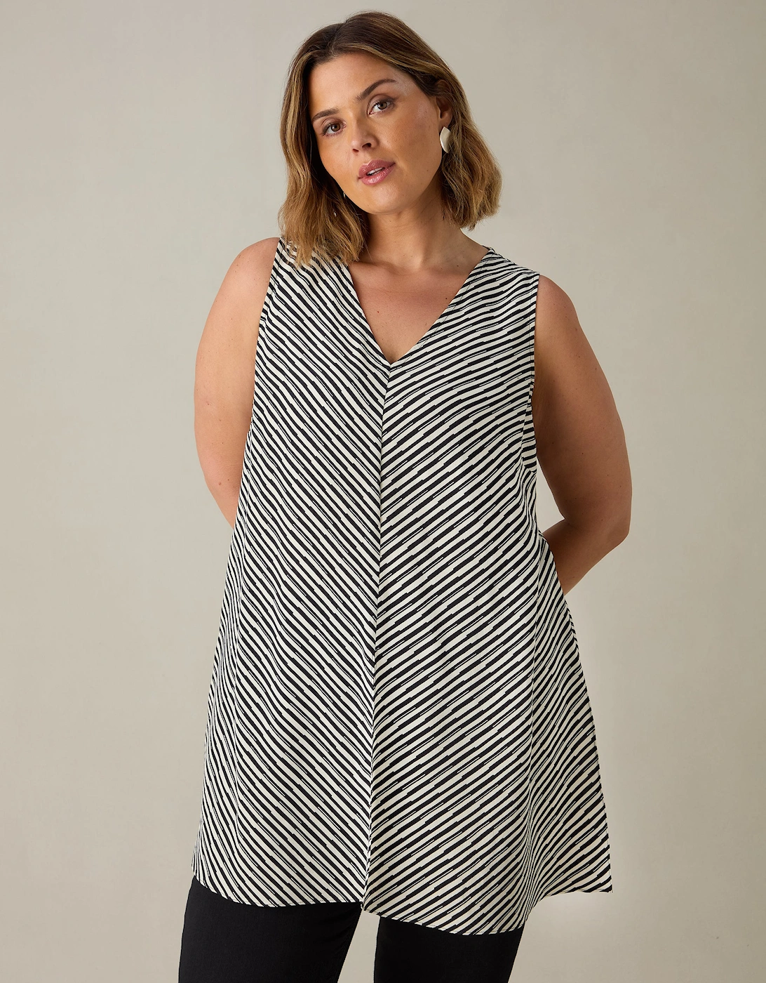 Live Unlimited London Women's Mono Stripe Split Front Tunic - Black/Multi - Size: 12