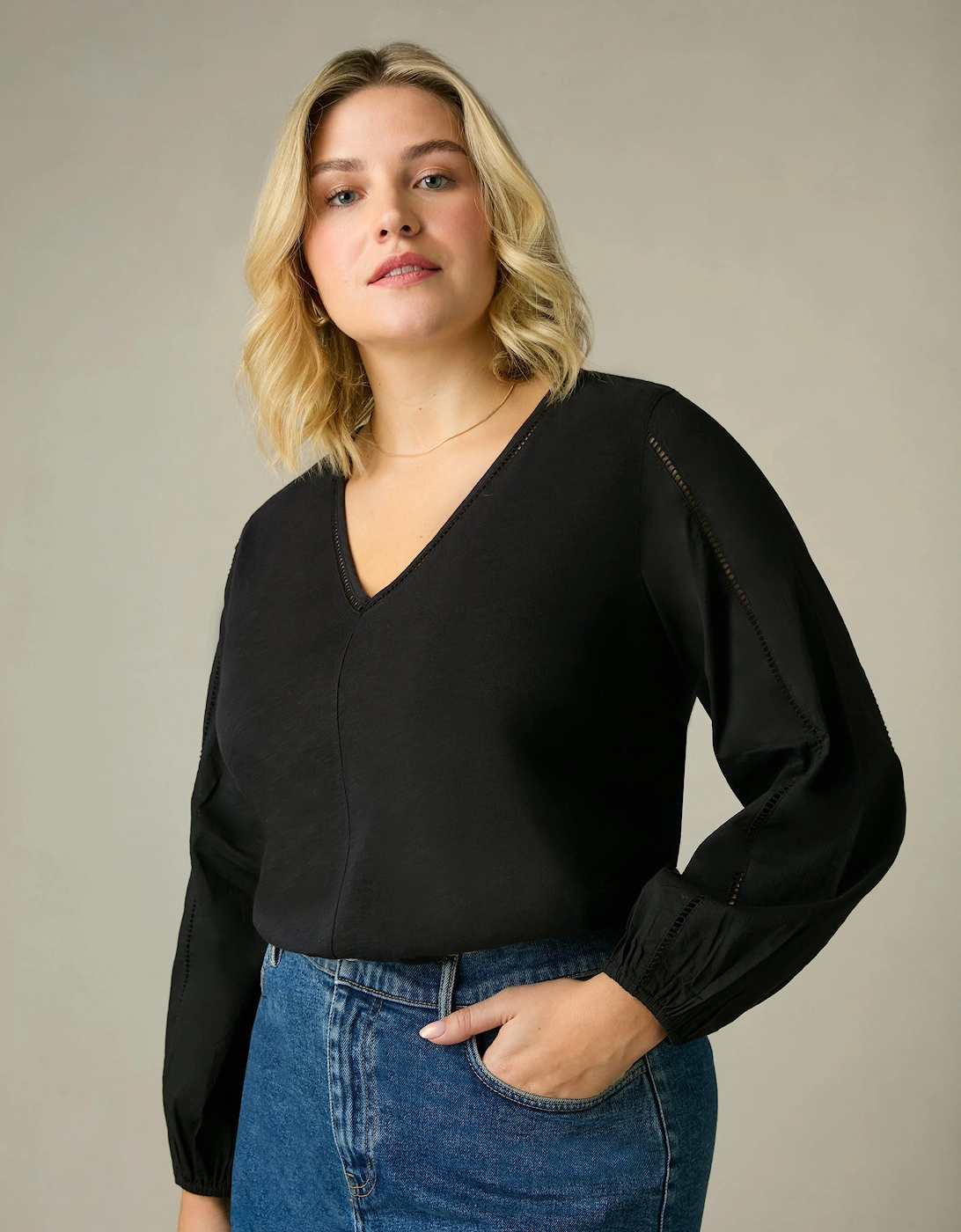 Black Cotton Slub Ladder Trim T-Shirt