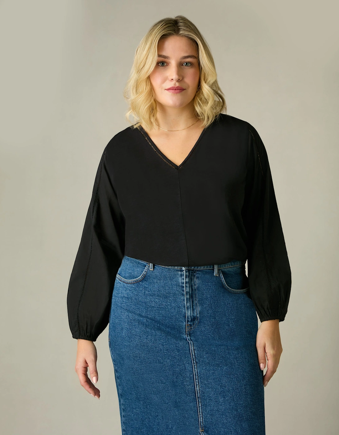 Black Cotton Slub Ladder Trim T-Shirt