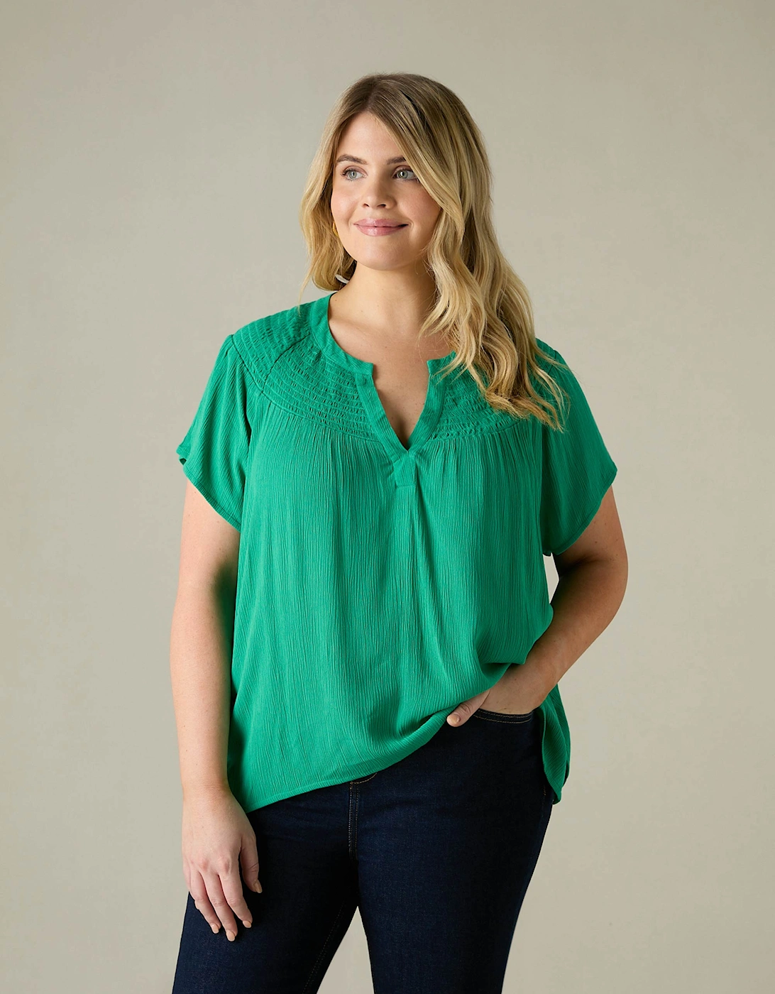 Green Crinkle Shirred Shoulder Top