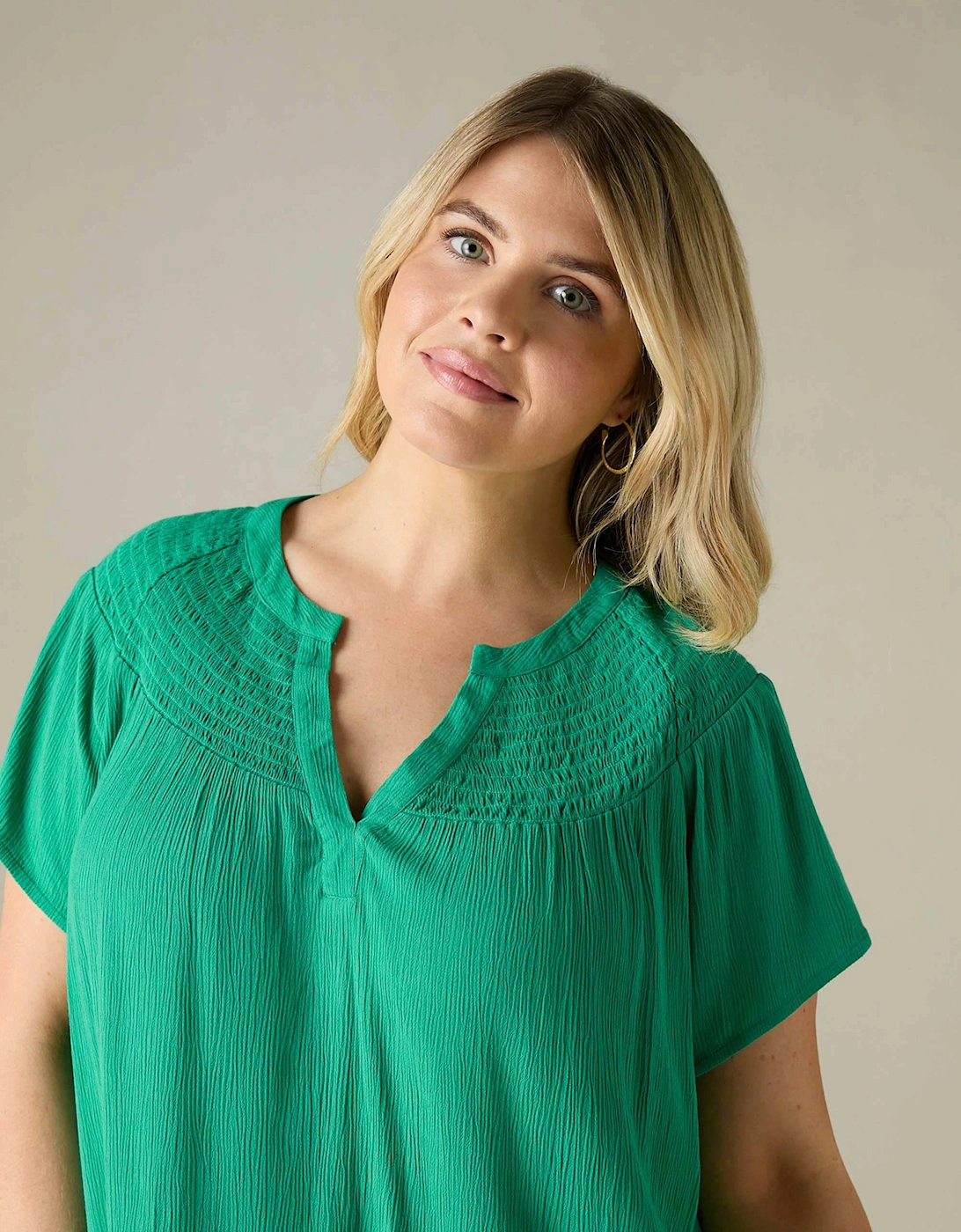 Green Crinkle Shirred Shoulder Top
