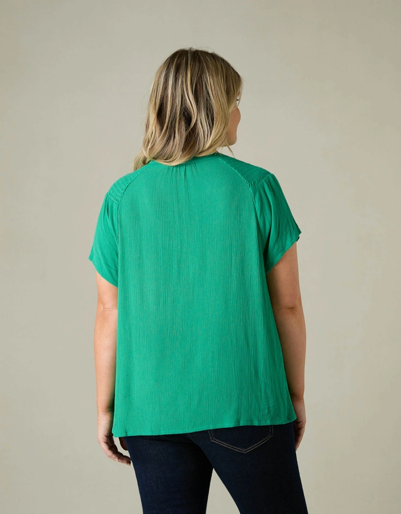 Green Crinkle Shirred Shoulder Top