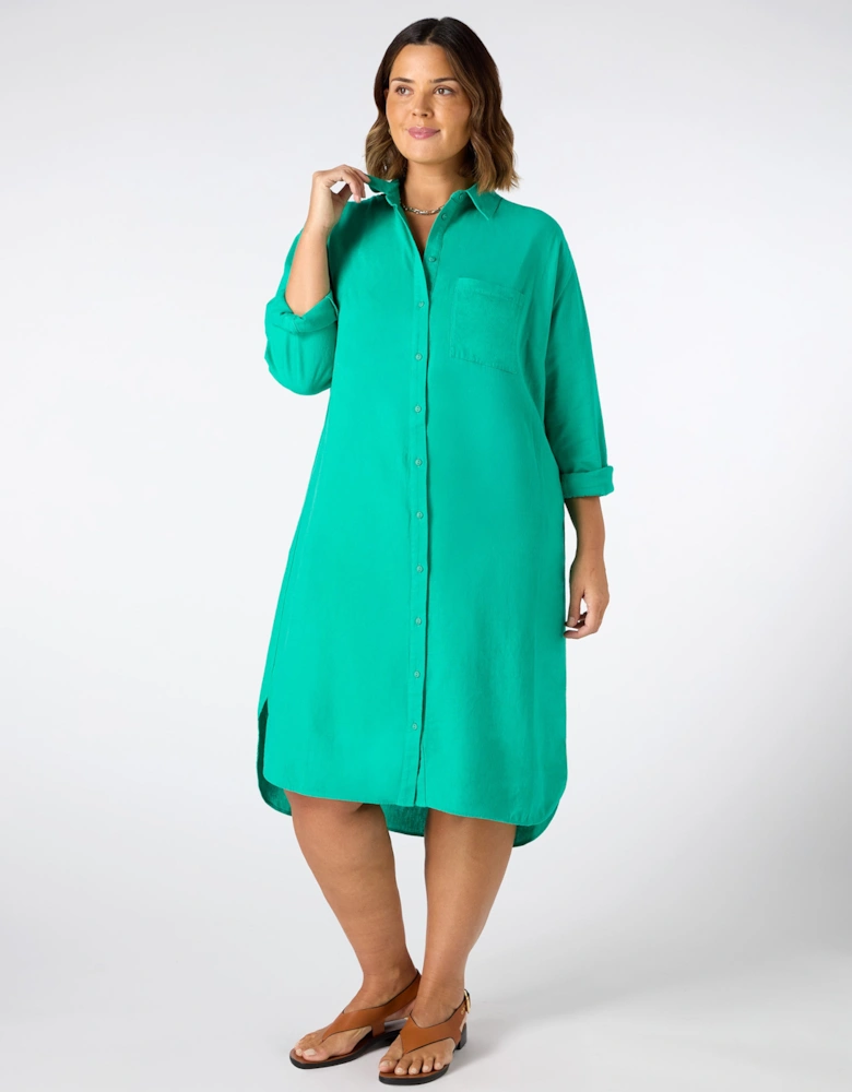 Green Linen Blend Shirt Dress