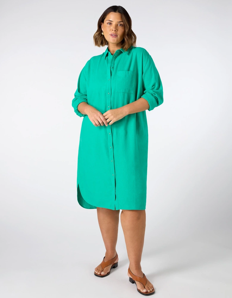 Green Linen Blend Shirt Dress