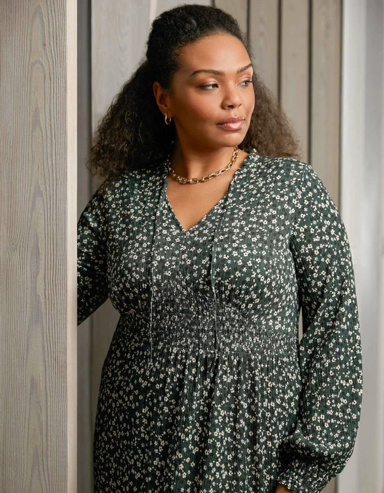 Green Ditsy Jersey Shirred Waist Dress