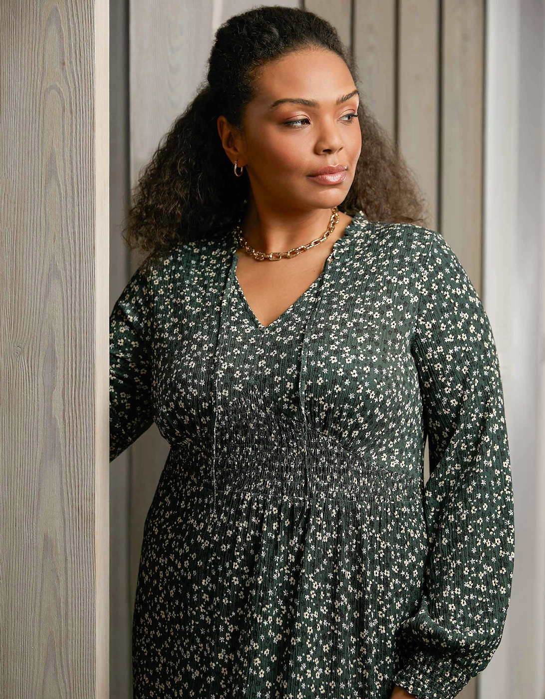 Green Ditsy Jersey Shirred Waist Dress