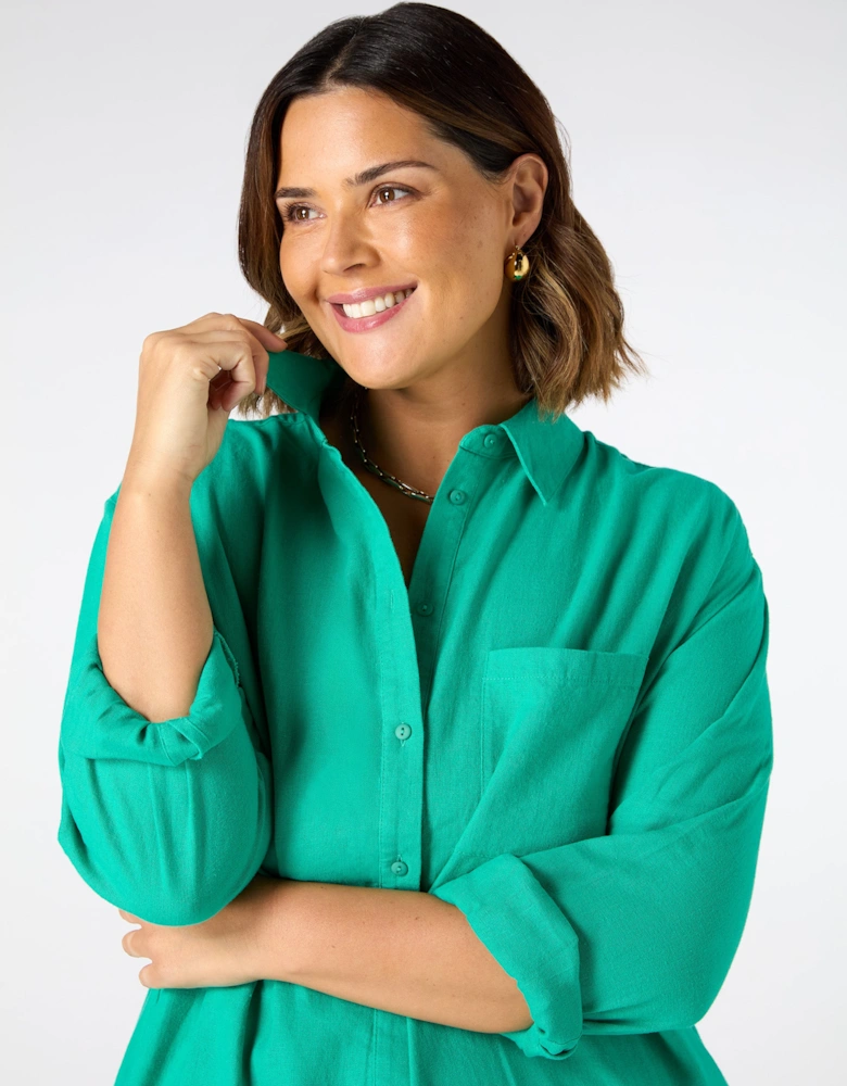 Green Linen Blend Shirt Dress