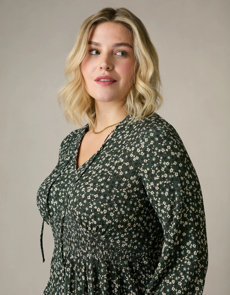 Green Ditsy Jersey Shirred Waist Dress