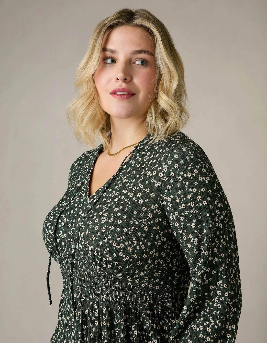 Green Ditsy Jersey Shirred Waist Dress