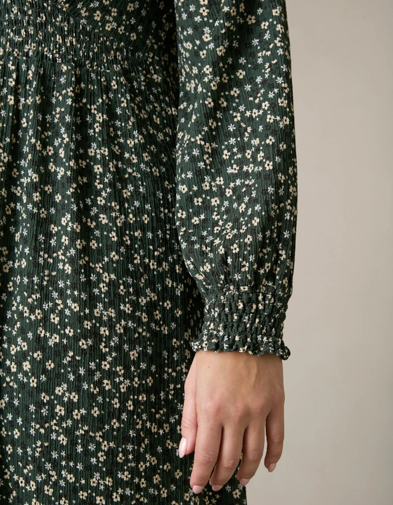 Green Ditsy Jersey Shirred Waist Dress