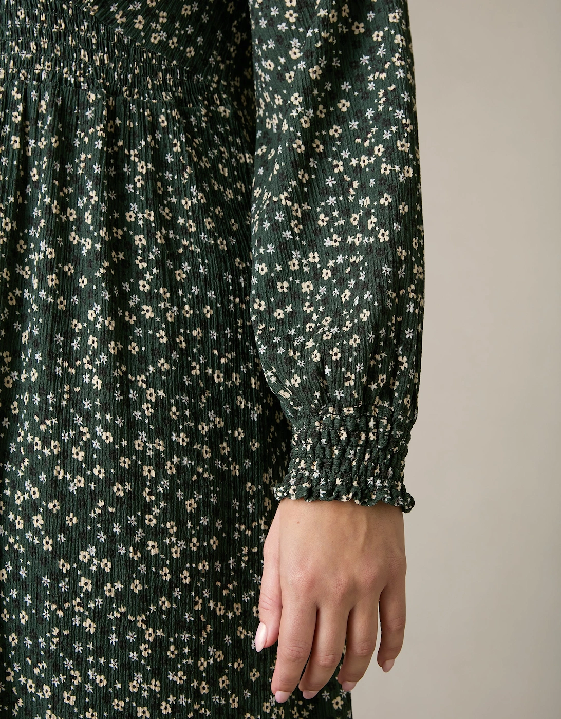 Green Ditsy Jersey Shirred Waist Dress