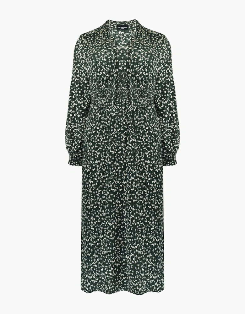 Green Ditsy Jersey Shirred Waist Dress
