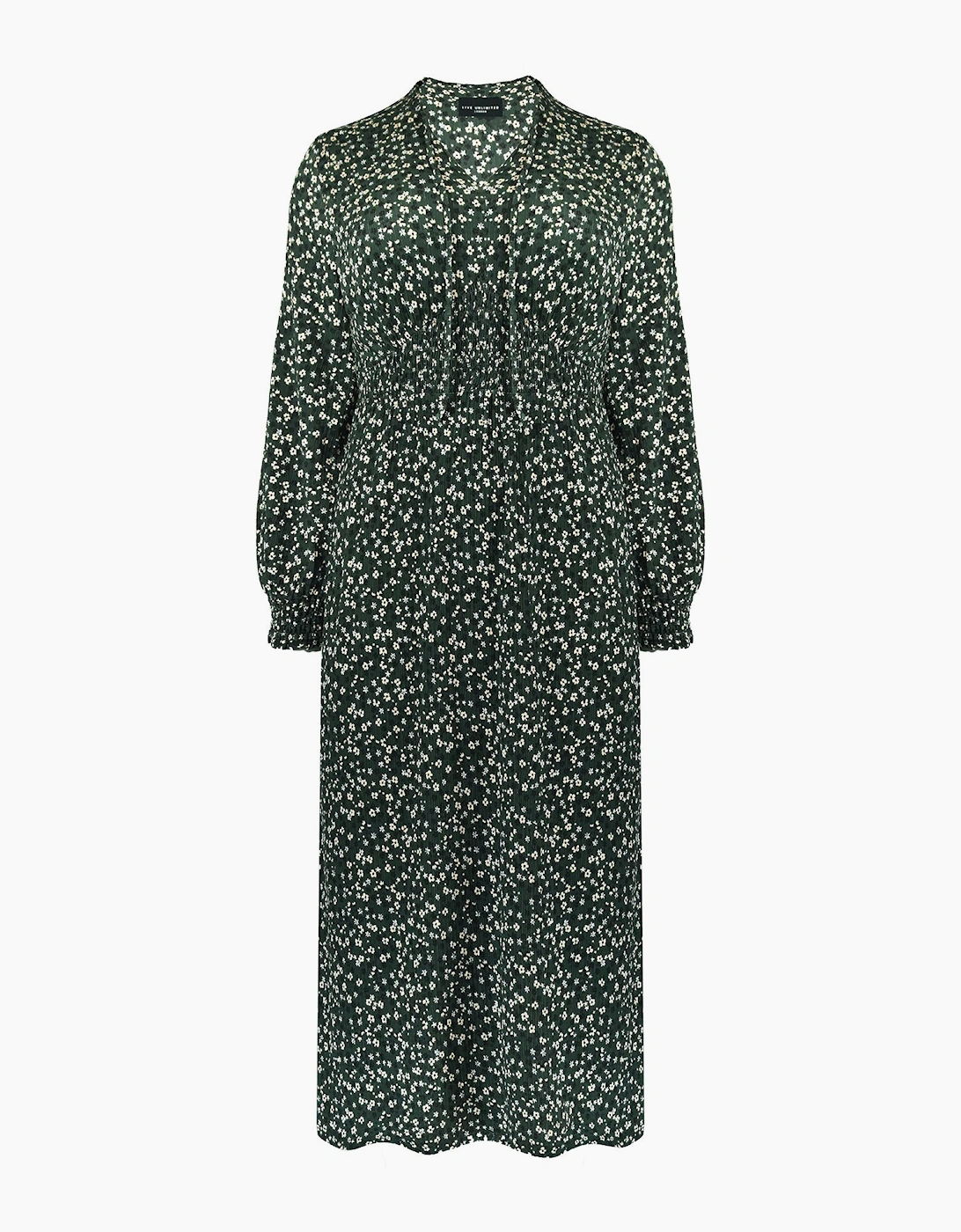 Green Ditsy Jersey Shirred Waist Dress