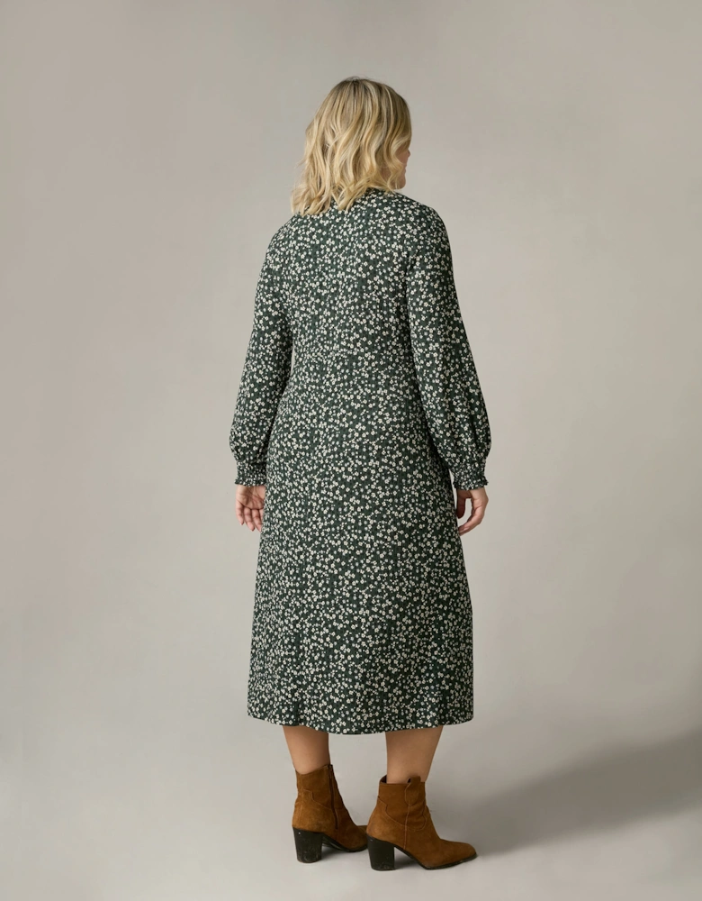 Green Ditsy Jersey Shirred Waist Dress