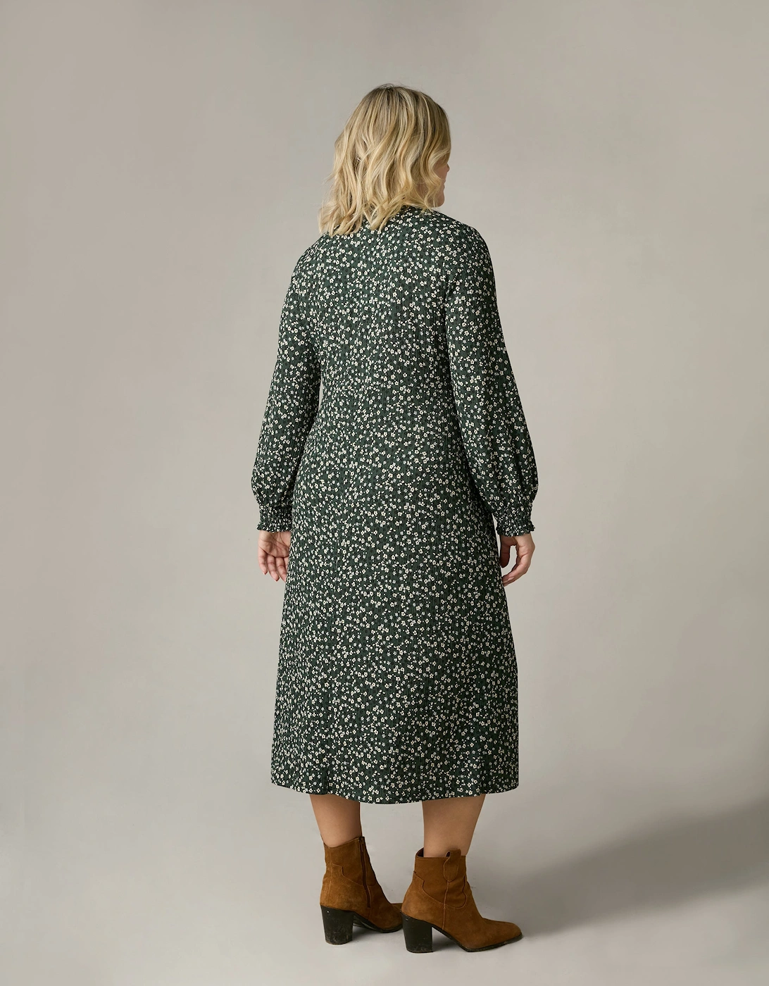 Green Ditsy Jersey Shirred Waist Dress