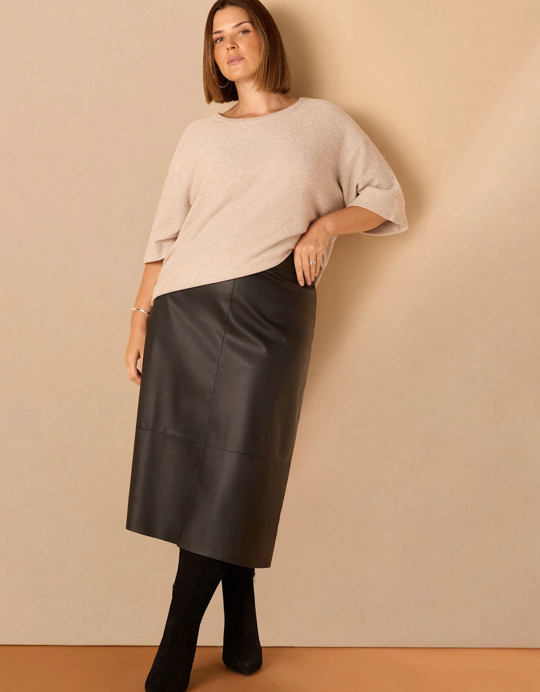 Black Faux Leather Seam Detail Midi Skirt