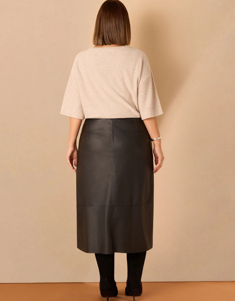 Black Faux Leather Seam Detail Midi Skirt