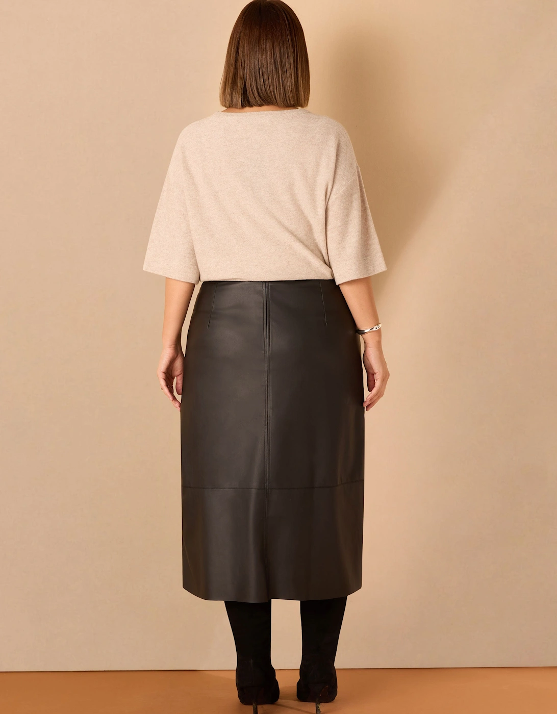 Black Faux Leather Seam Detail Midi Skirt