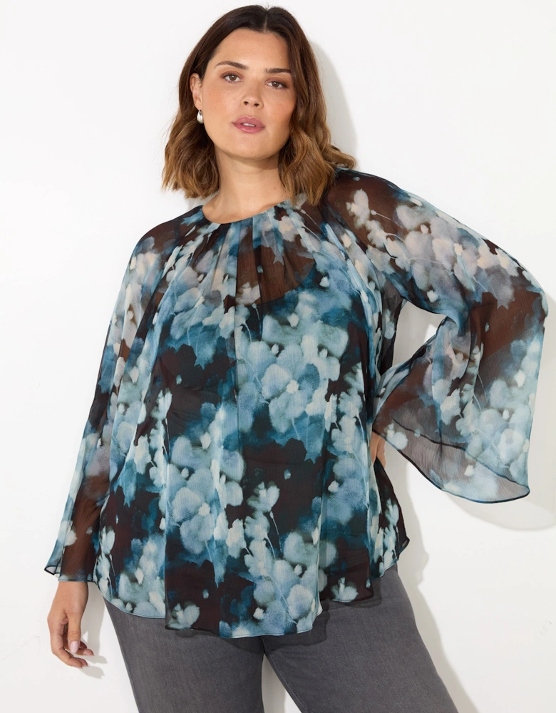 Blue Floral Crinkle Chiffon Blouse