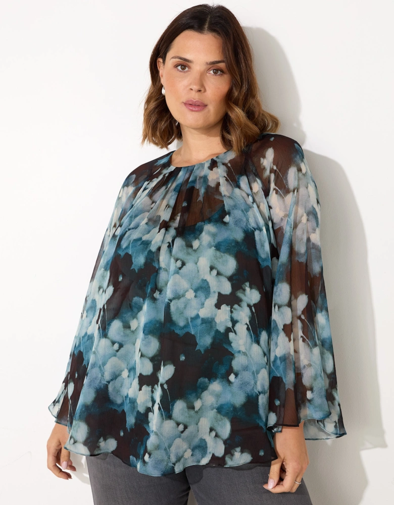 Blue Floral Crinkle Chiffon Blouse