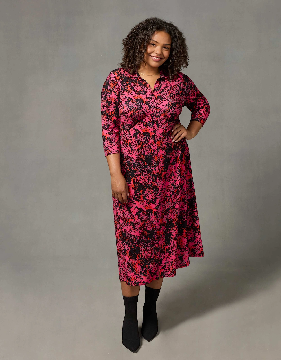 Pink Floral Print Jersey Empire Seam Shirt Dress