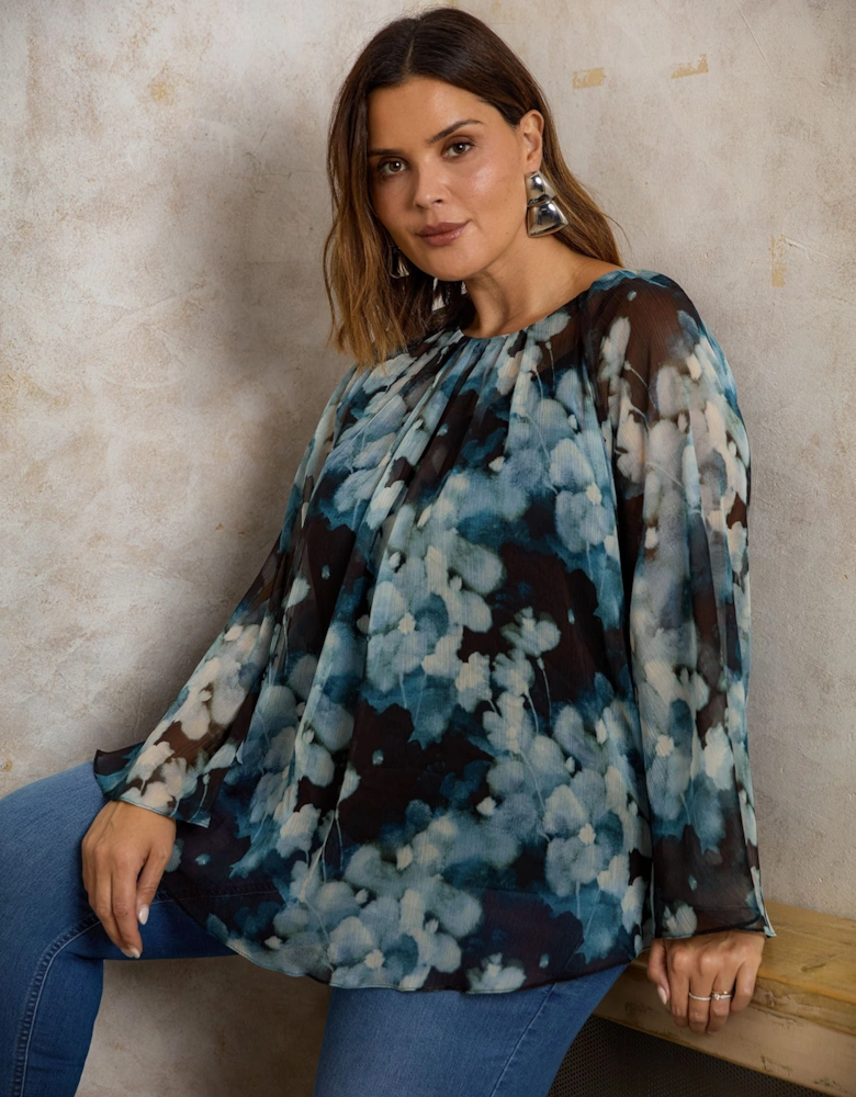 Blue Floral Crinkle Chiffon Blouse