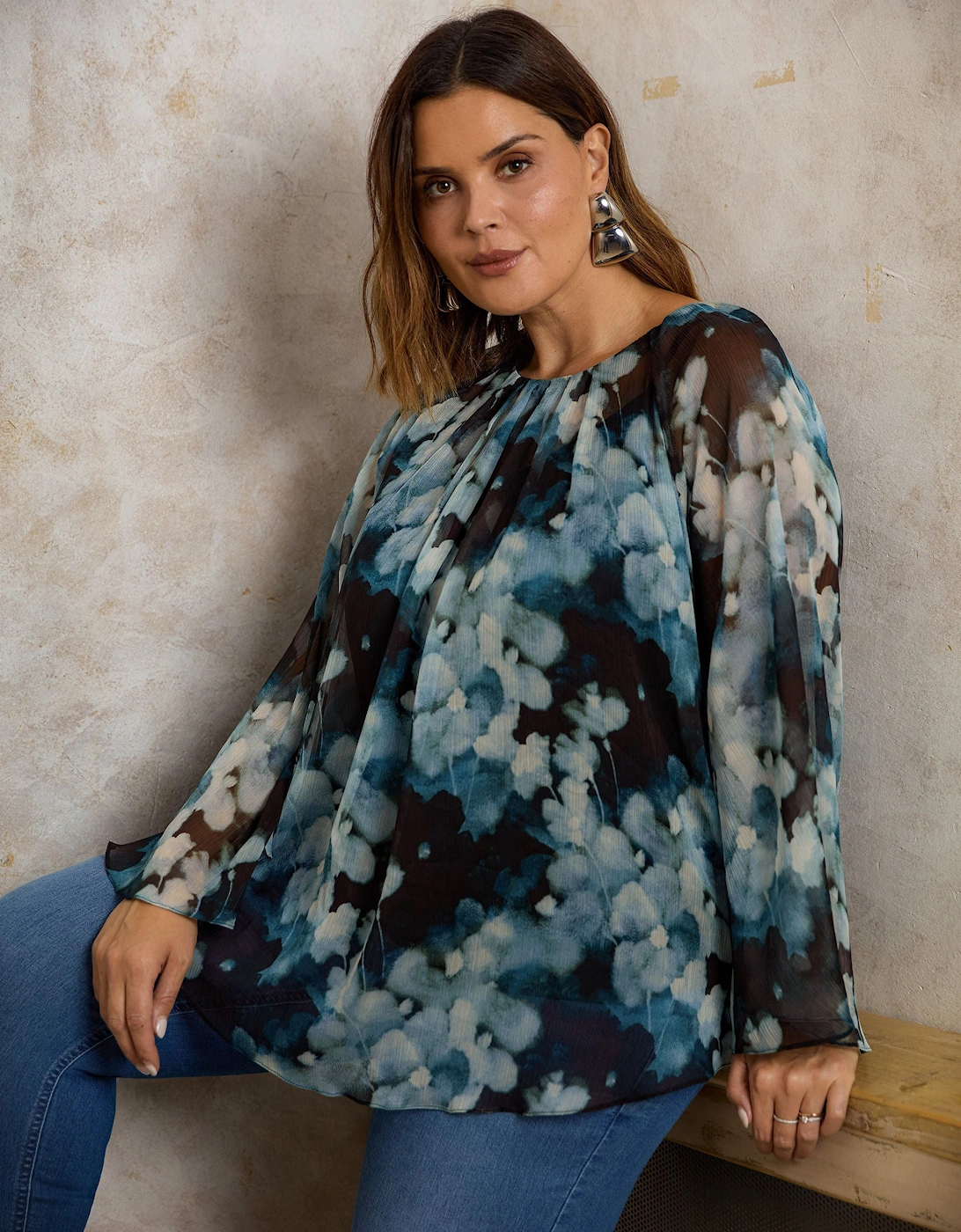 Blue Floral Crinkle Chiffon Blouse