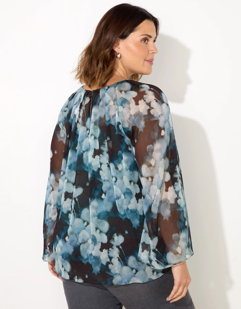 Blue Floral Crinkle Chiffon Blouse