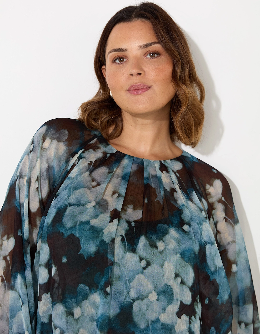Blue Floral Crinkle Chiffon Blouse