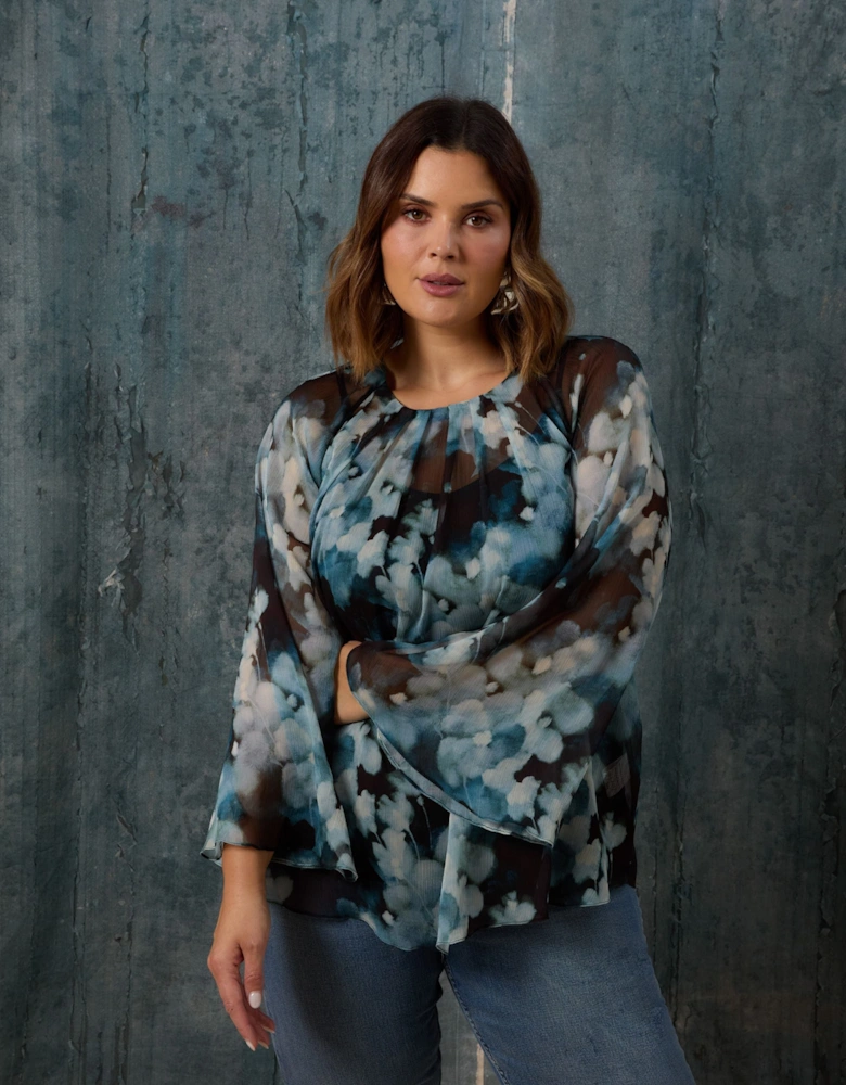 Blue Floral Crinkle Chiffon Blouse