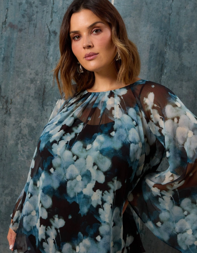 Blue Floral Crinkle Chiffon Blouse