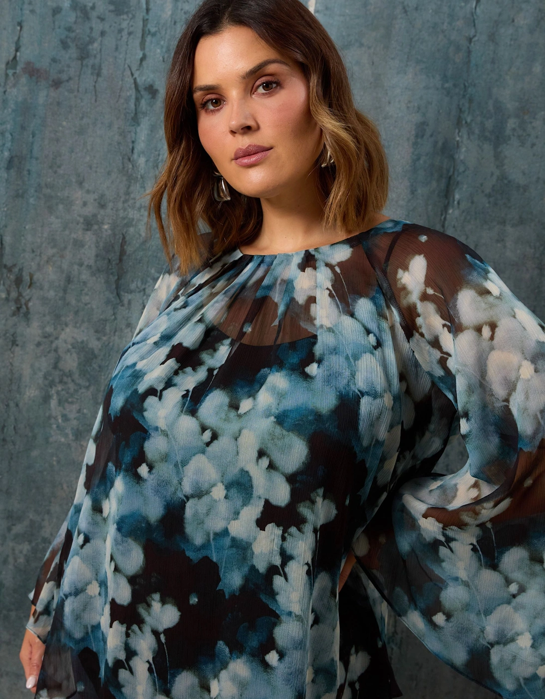 Blue Floral Crinkle Chiffon Blouse