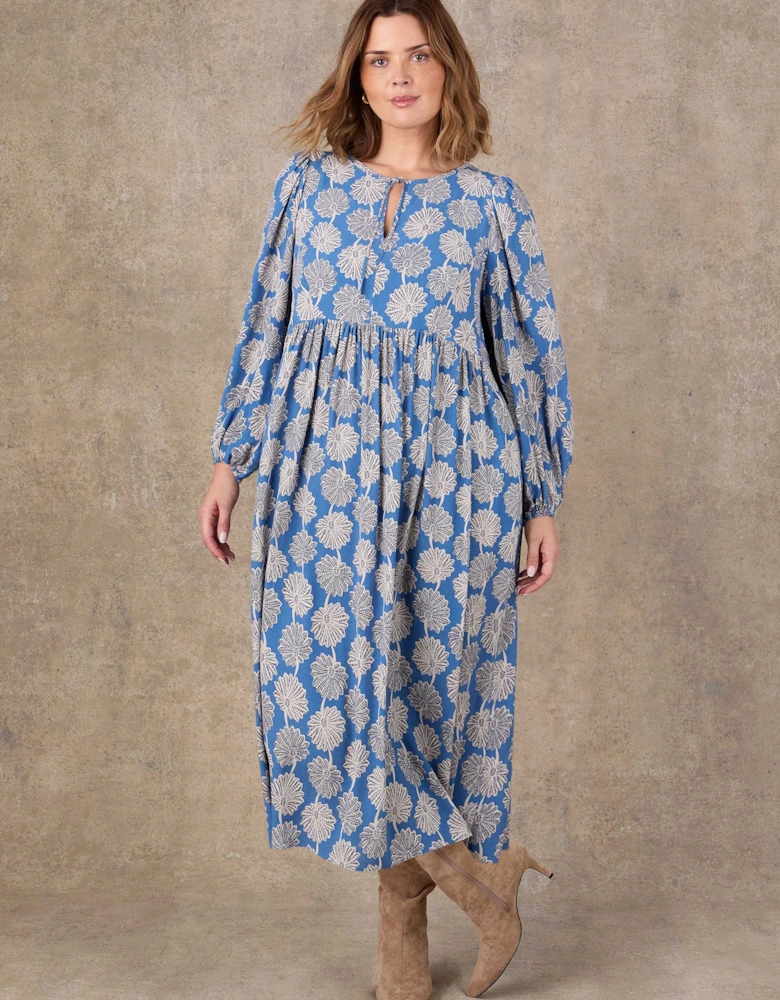 Petite Blue Floral Print Tie Neck Midaxi Dress