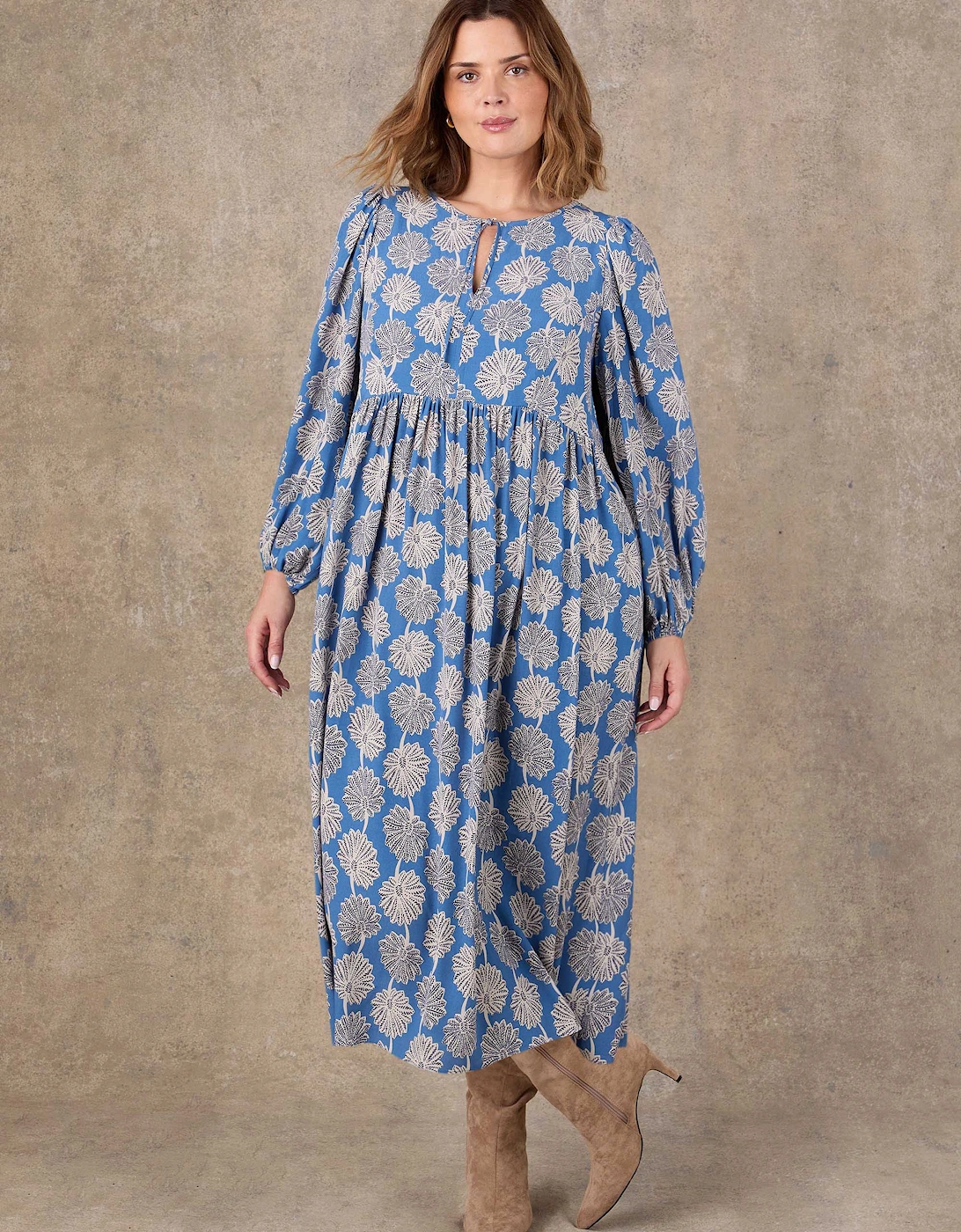 Petite Blue Floral Print Tie Neck Midaxi Dress