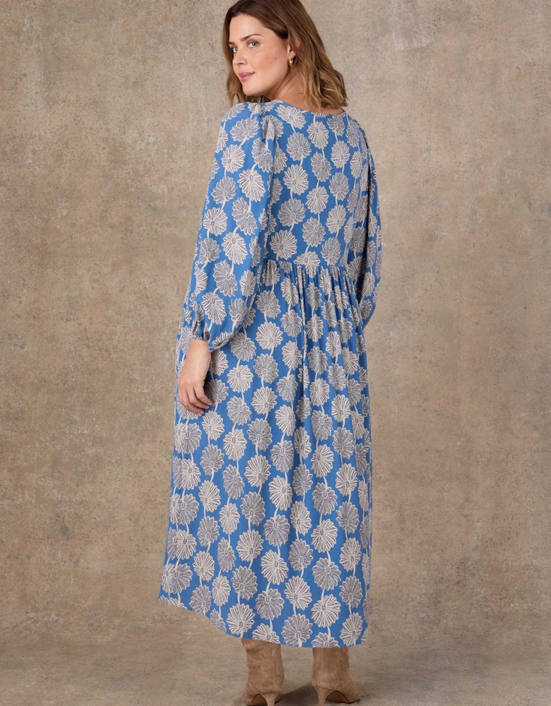 Petite Blue Floral Print Tie Neck Midaxi Dress