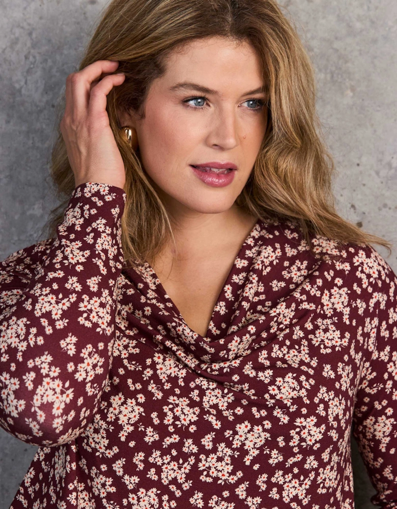 Red Ditsy Floral Jersey Cowl Neck Top