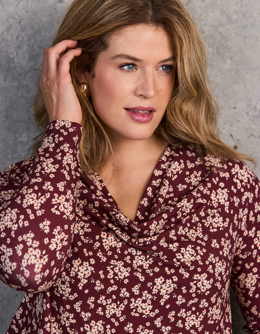Red Ditsy Floral Jersey Cowl Neck Top
