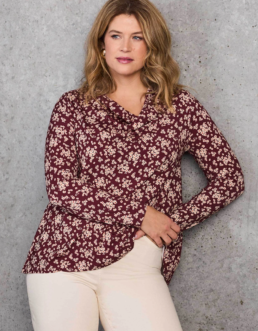 Red Ditsy Floral Jersey Cowl Neck Top