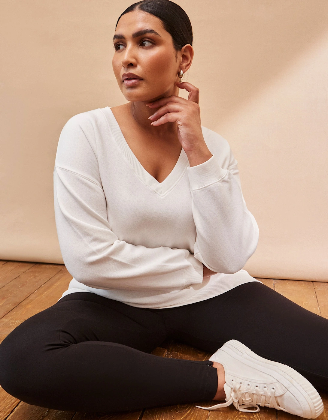 Cream V Neck Sweatshirt