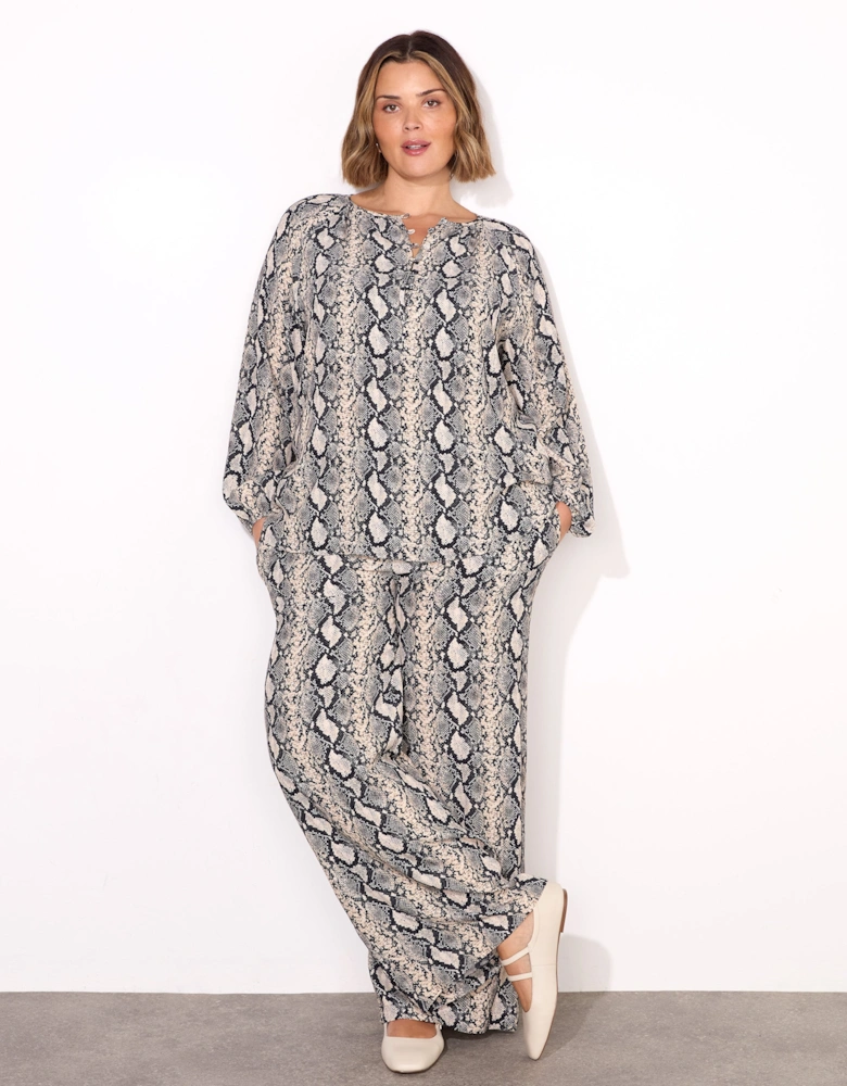 Snake Print Drawstring Wide Leg Trouser