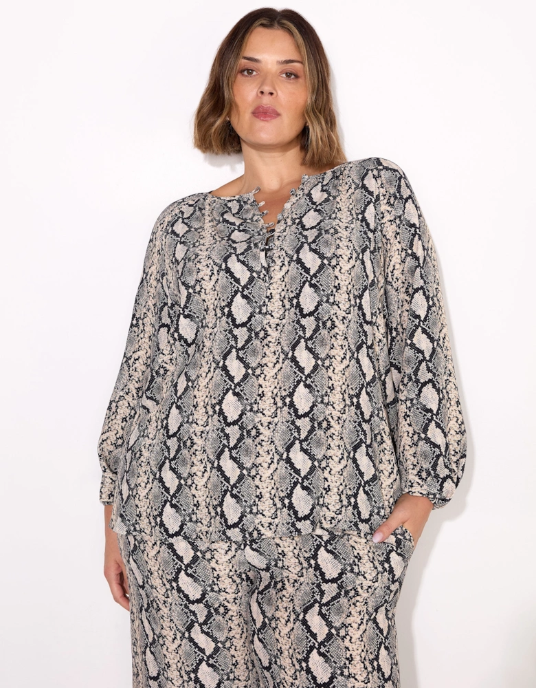 Snake Print Drawstring Wide Leg Trouser