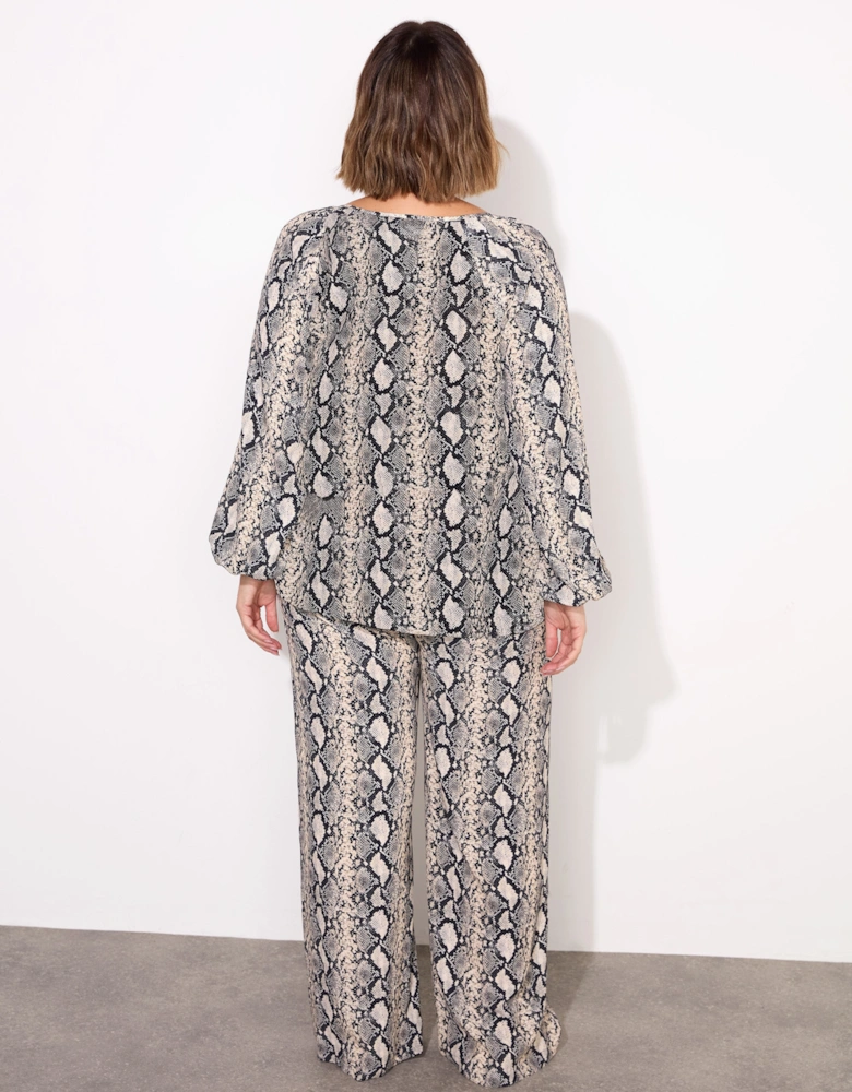 Snake Print Drawstring Wide Leg Trouser