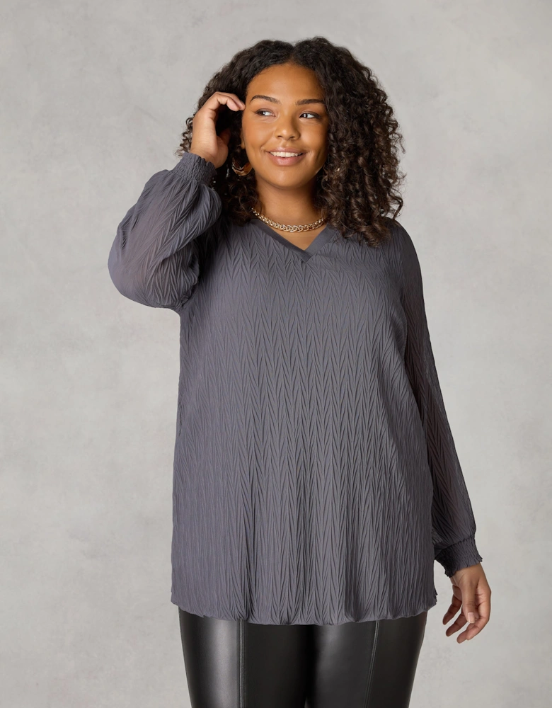 Grey Textured Rib Trim Blouse