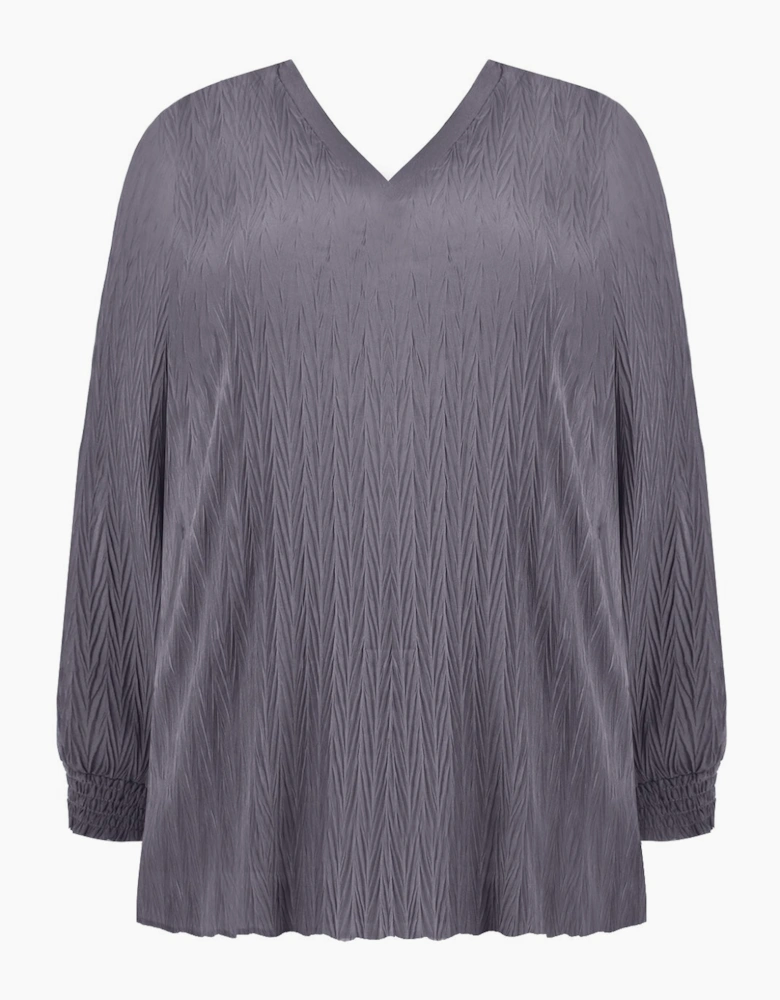 Grey Textured Rib Trim Blouse