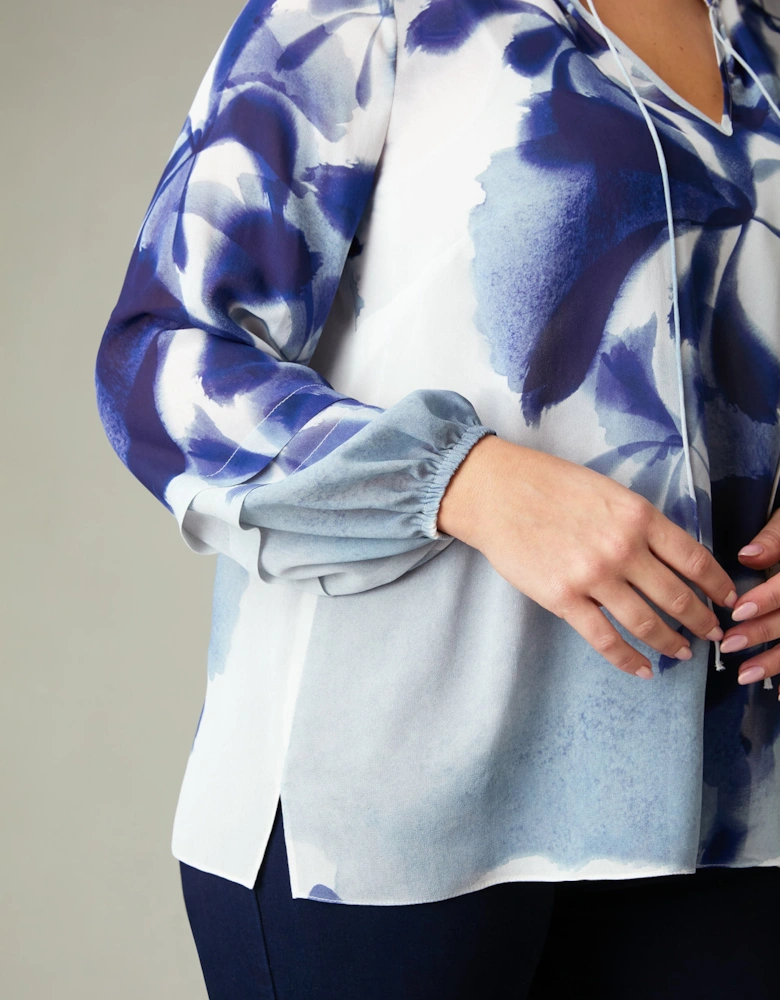 Blue Floral Print Pleat Sleeve Blouse