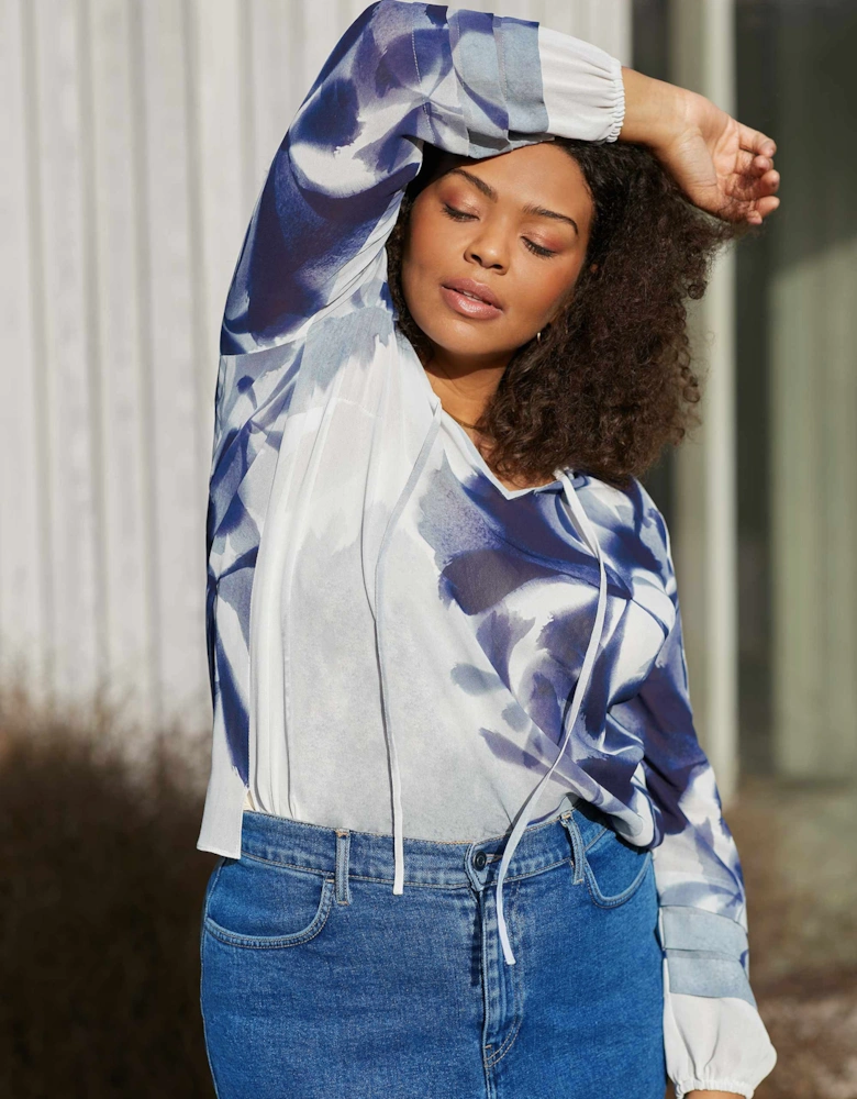 Blue Floral Print Pleat Sleeve Blouse